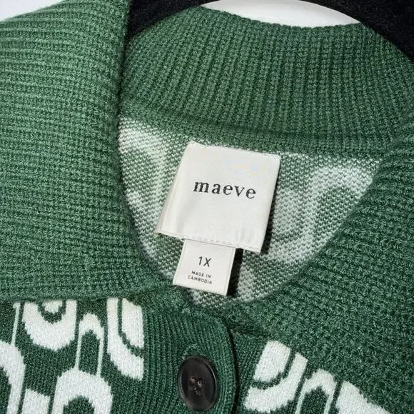 Maeve Anthropologie Collared Button Front Knit Mini Dress Green Mod Print 1X - Picture 6 of 7